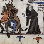 Un monaco caccia i diavoli dal monastero, miniatura da salterio, 1330-40, Londra