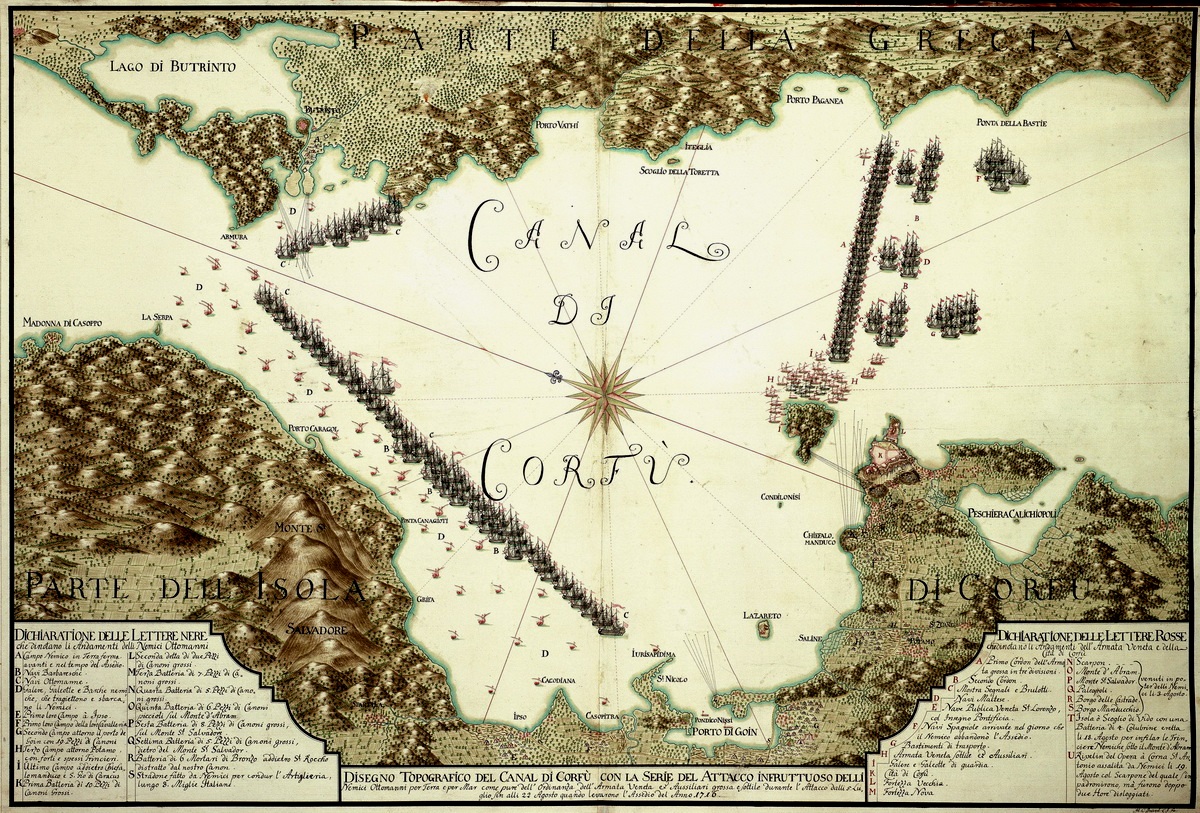 Pianta del porto di Corfù con gli attacchi ottomani di terra e di mare, dal 5 luglio al 22 agosto 1716