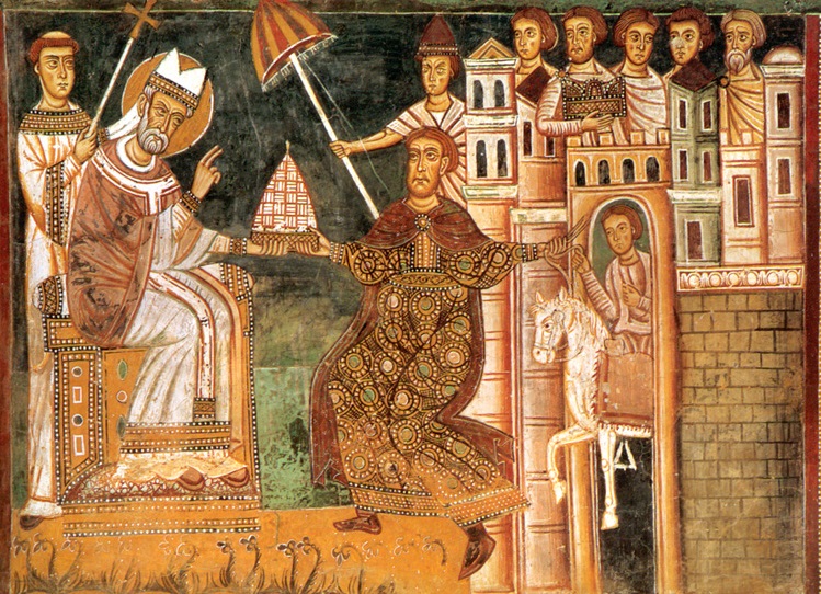 L'imperatore Costantino offre a papa Silvestro I la tiara imperiale, simbolo del potere temporale, affresco nell'oratorio di san Silvestro, Roma