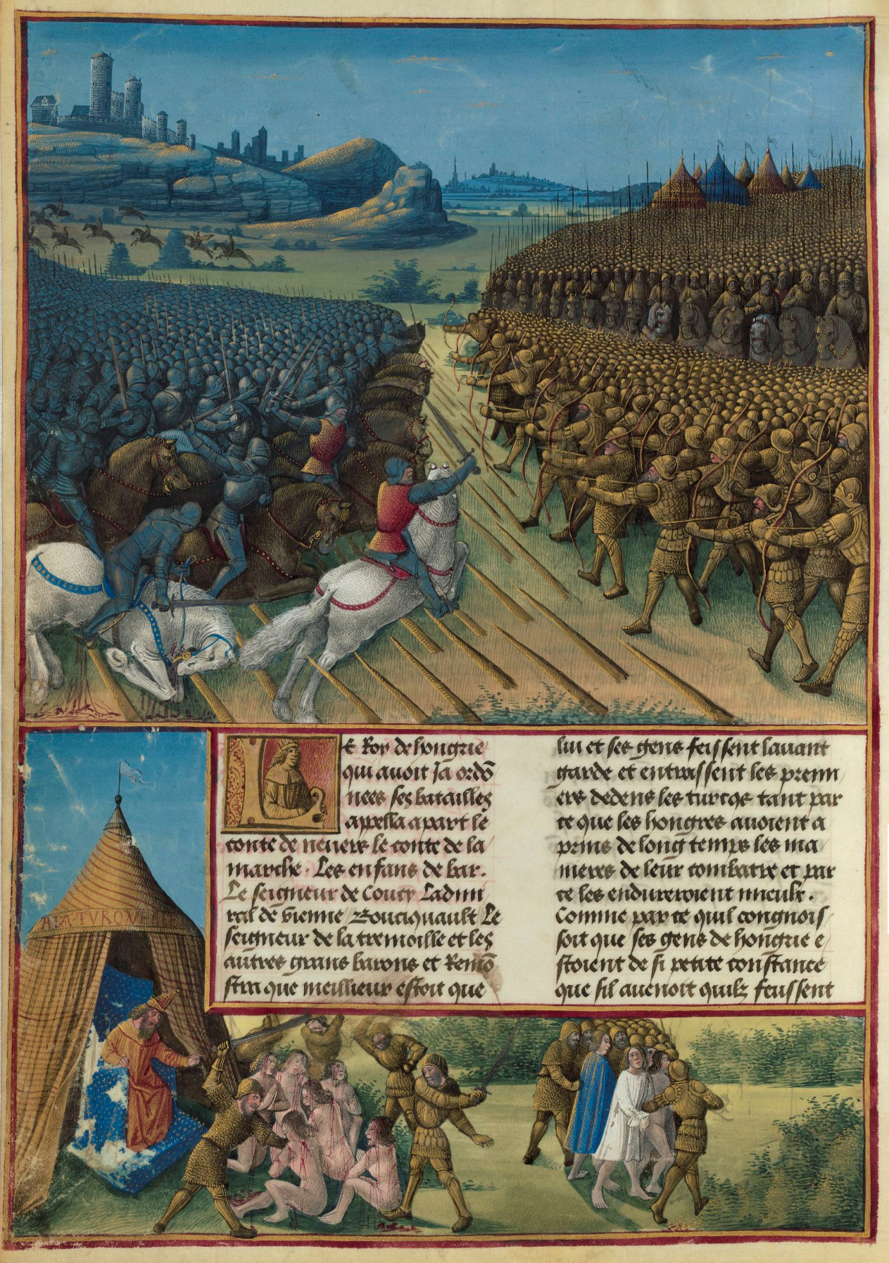 La battaglia di Nicopoli e l'esecuzione dei prigionieri,  miniatura di Jean Colombe intitolata Les Passages d'Outremer, 1475 circa