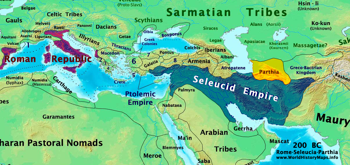 La Partia, in giallo, l'Impero seleucide (blu) e la Repubblica romana (viola) nel 200 a.C.