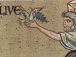 Noè, la colomba e il ramoscello di olivo in un mosaico del duomo di Monrealecon il ramoscell