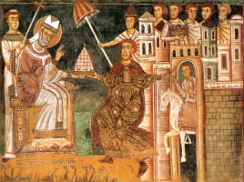 L'imperatore Costantino offre a papa Silvestro I la tiara imperiale, simbolo del potere temporale, affresco nell'oratorio di san Silvestro, Roma