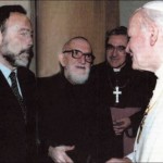 Corrado Simioni con l'Abbé Pierre e papa Giovanni Paolo II