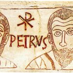 Gli apostoli Pietro e Paolo. Catacombe di Sant’Ippolito (Roma). IV secolo. Parte di lapide  che ricorda  il ragazzo Asello 