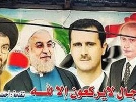Su un poster propagandistico, i volti dei “vincitori” della guerra siriana: Hassan Nasrallah, Hassan Rouhani, Bashar Assad e Vladimir Putin