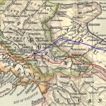 Percorsi della Via Appia: in rosso l'Appia Antica, in blu l'Appia Traiana.