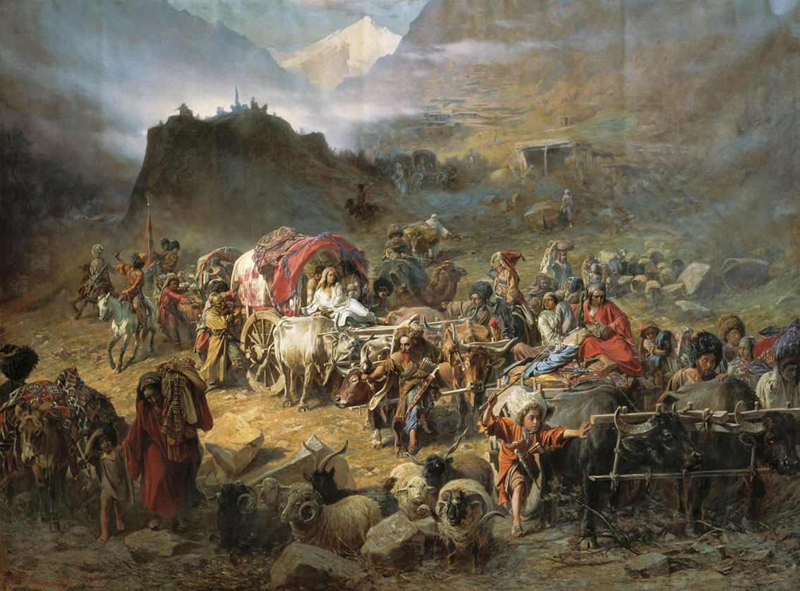 Circassi che abbandonano i territori del Caucaso, di Pyotr Nikolayevich Gruzinsky (1872).